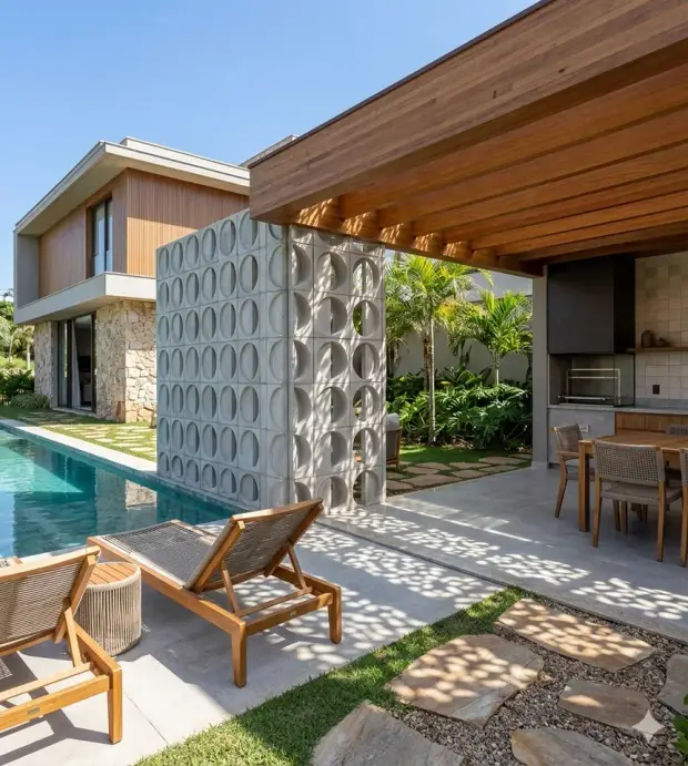 Parede de cambota meia lua ao lado de piscina